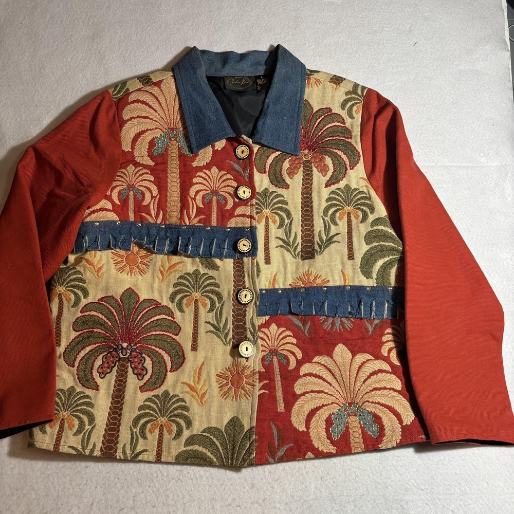 Julia Kim Jacket Womens‎ Large Palm Tree Embroidered Denim Collar Boho Southwest